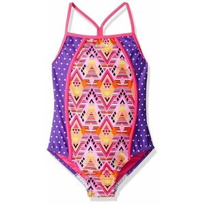 Speedo Girls Sport Splice One Piece Swimsuit sz 7 Pink Purple Mixed Prints